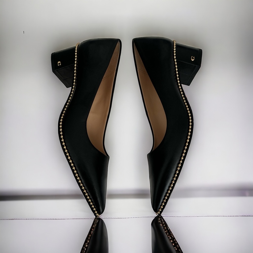 Coach Willa Block Heel Point Toe Studded Black Leather Pumps Size 5.5